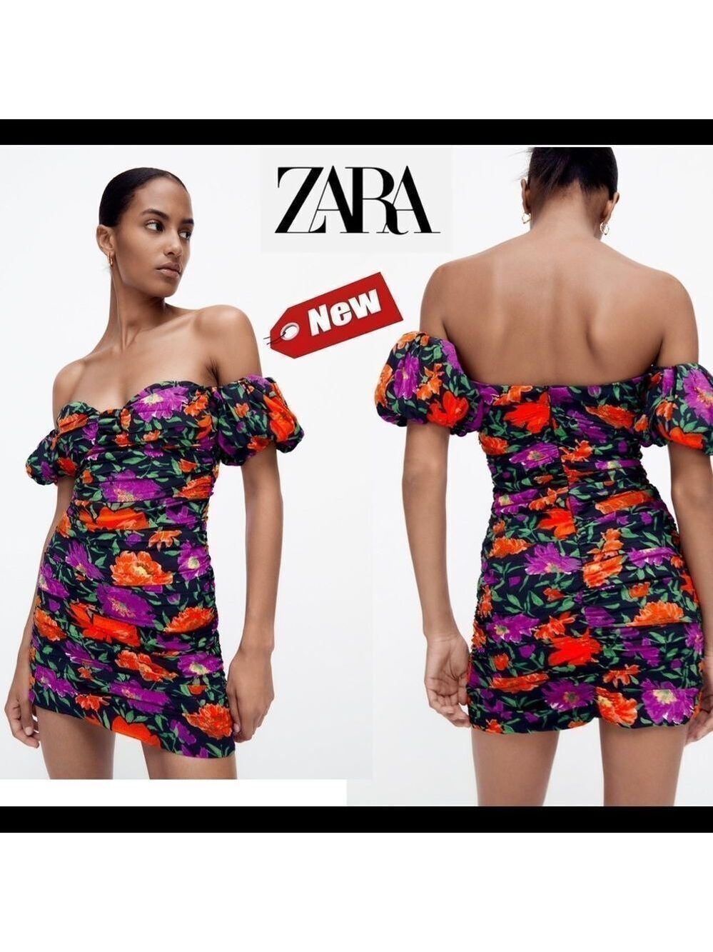 Zara purple red black off the shoulder puffsleeve mini dress Sz L NWT